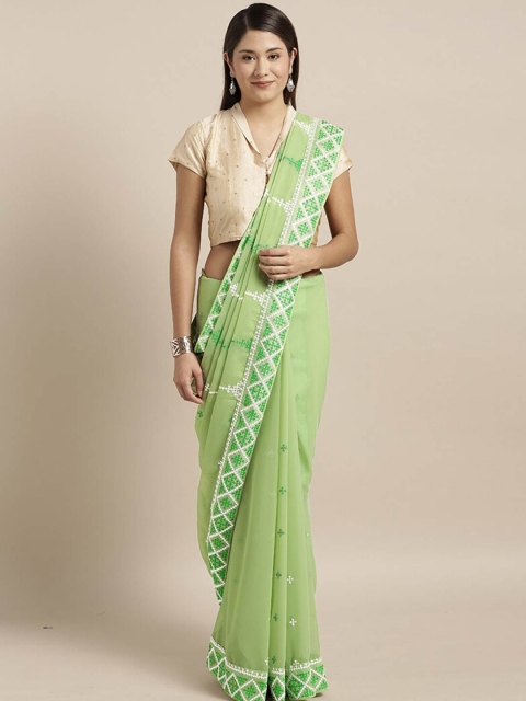 

Kvsfab Green & White Embroidered Saree