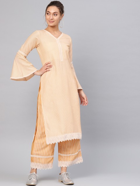 

Libas Women Yellow Striped Pure Cotton Kurta with Palazzos