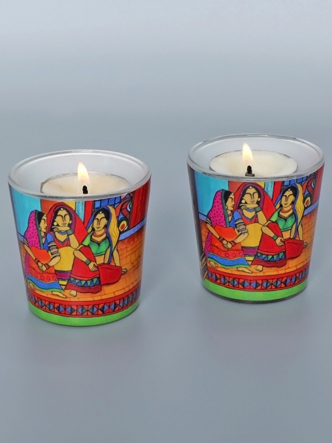 

All Things Sundar Set Of 2 Red & Blue Printed Candle Holders