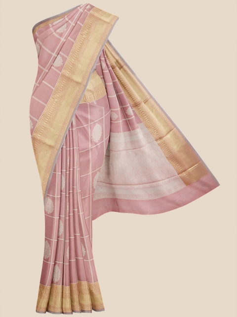 

Kalamandir Peach & Beige Checked Zari Pure Cotton Saree