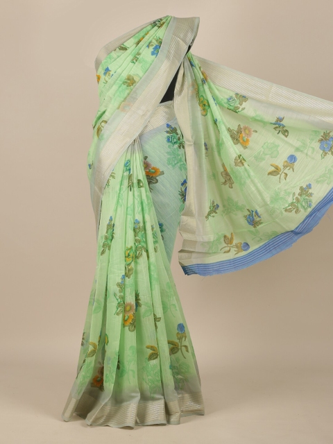 

Pothys Green & Blue Floral Zari Cotton Blend Saree