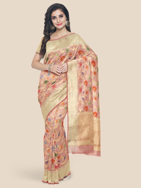 

Kalamandir Peach Floral Zari Cotton Blend Banarasi Saree