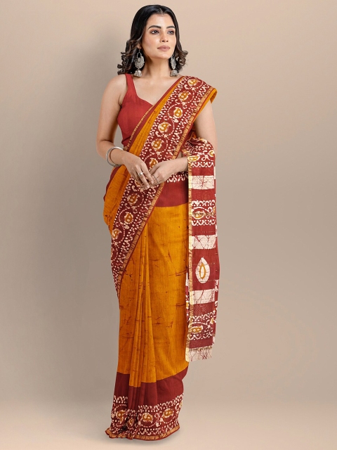 

BharatSthali Orange & Brown Batik Silk Cotton Handloom Saree