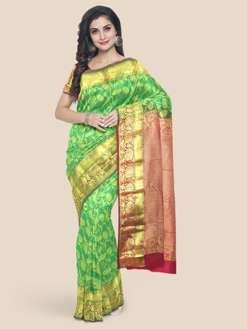 

Kalamandir Green & Red Ethnic Motifs Silk Blend Kanjeevaram Saree