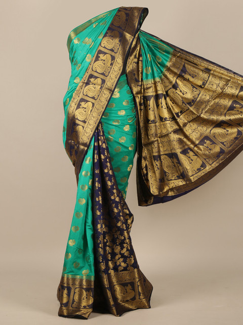 

Pothys Green & Navy Blue Paisley Zari Jute Silk Saree