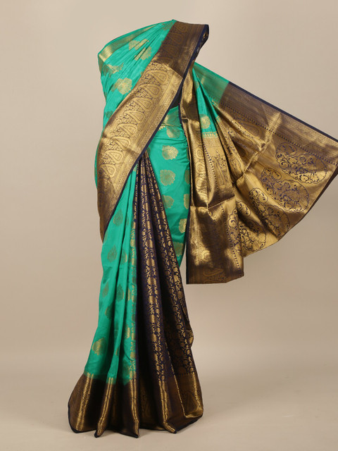 

Pothys Green & Navy Blue Paisley Zari Jute Silk Saree