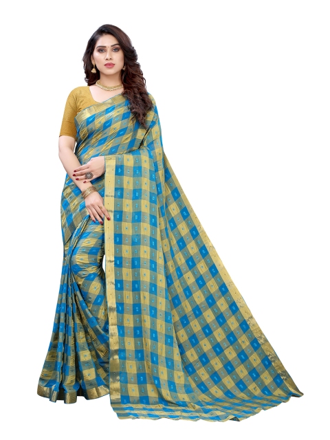 

KALINI Turquoise Blue & Gold-Toned Checked Pure Chiffon Saree