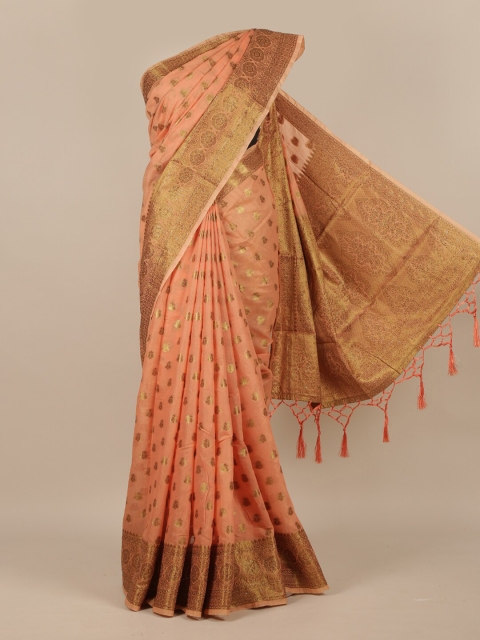 Pothys Peach & Gold-Toned Woven Design Zari Jute Silk Saree