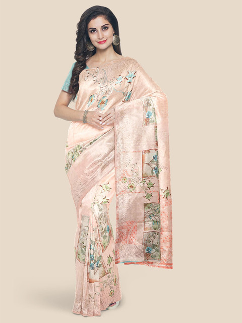 

Kalamandir Pink & Blue Floral Sequinned Silk Blend Saree