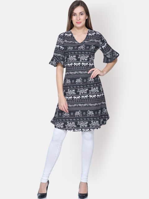 

Yaadleen Women Black & White Ethnic Motifs Printed Bell Sleeves Crepe Kurta