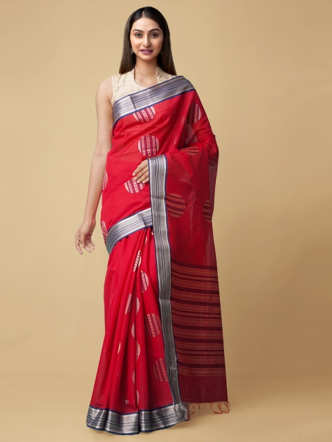 

Unnati Silks Red & Navy Blue Silk Cotton Baluchari Saree