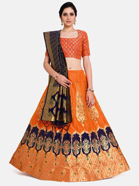 

MIMOSA Orange & Navy Blue Semi-Stitched Lehenga & Blouse with Dupatta