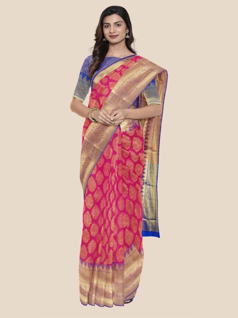 

Kalamandir Pink & Gold-Toned Ethnic Motifs Zari Silk Blend Banarasi Saree