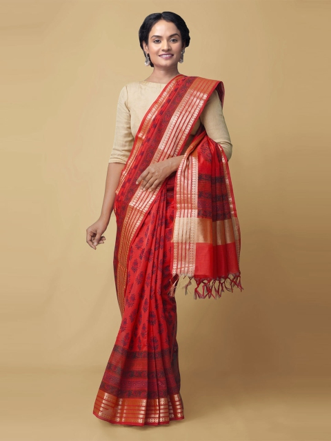 

Unnati Silks Red & Blue Ethnic Motifs Zari Silk Cotton Handloom Chanderi Saree