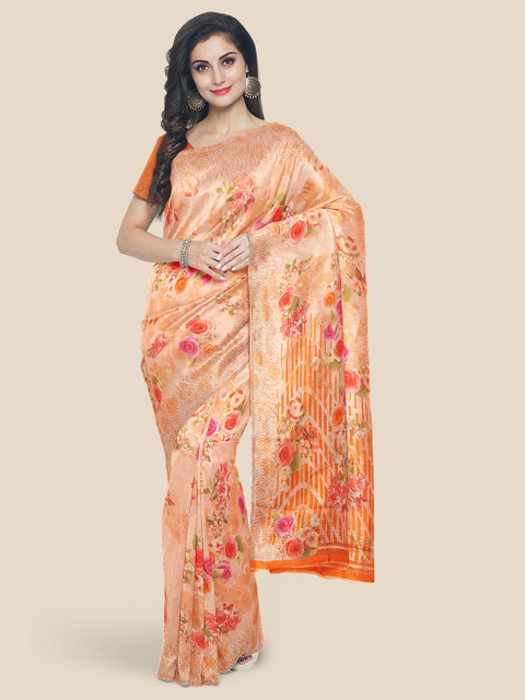 

Kalamandir Orange & Pink Floral Beads and Stones Silk Blend Saree