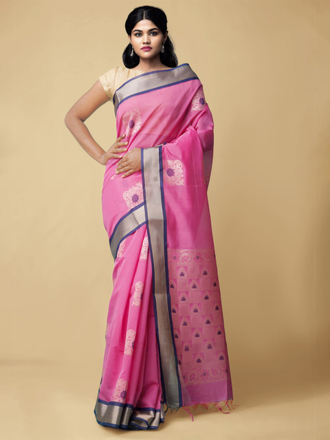 

Unnati Silks Pink & Grey Woven Design Silk Cotton Baluchari Saree