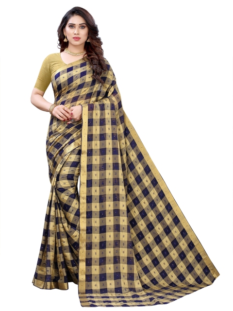 

KALINI Navy Blue & Yellow Checked Zari Pure Chiffon Saree