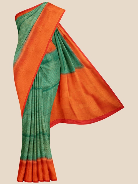 

KLM Fashion Mall Green & Orange Woven Design Zari Silk Blend Banarasi Saree