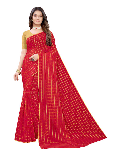 

KALINI Red & Gold-Toned Checked Pure Chiffon Saree