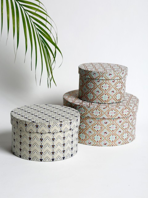 

Fabindia Set Of 3 Beige & Sea Green Aalekh Printed Round Paper Gift Boxes
