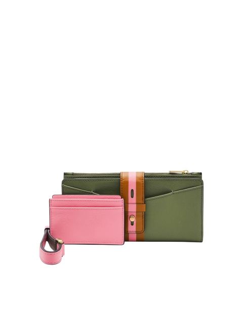 

Fossil Women Set Of 2 Olive Green & Pink Textured Leather Two Fold Wallet & Card Holder
