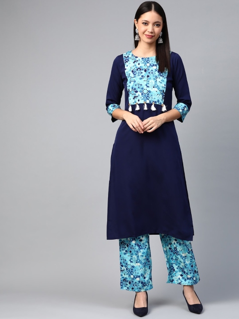 

ZIYAA Women Navy Blue Yoke Design Panelled Kurta with Palazzos
