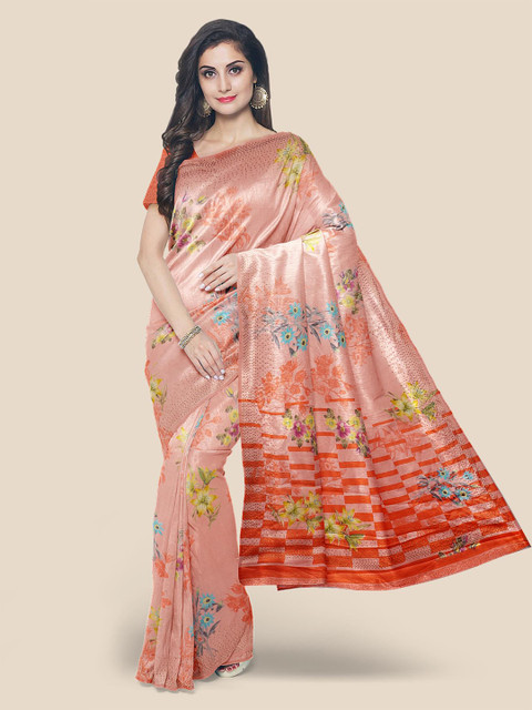 

KLM Fashion Mall Peach & Orange Floral Beads and Stones Silk Blend Saree