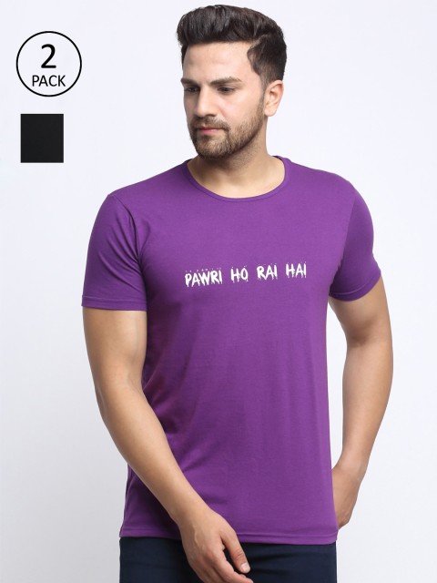 

VIMAL JONNEY Men Purple & Black Pack of 2 Typography 2 Printed T-shirt