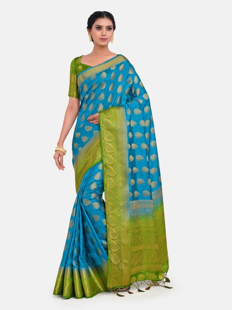 

MIMOSA Turquoise Blue & Green Floral Zari Art Silk Kanjeevaram Saree