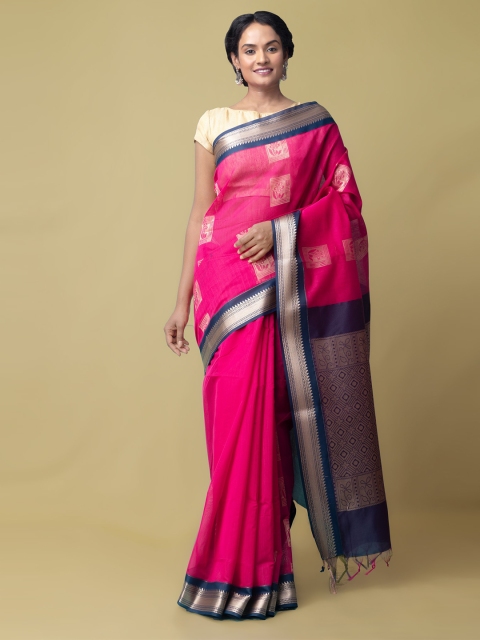 

Unnati Silks Pink & Navy Blue Floral Zari Silk Cotton Baluchari Saree