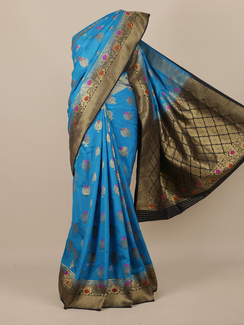 

Pothys Blue & Gold-Toned Ethnic Motifs Zari Jute Silk Saree