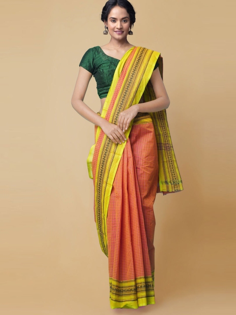 

Unnati Silks Orange & Yellow Checked Pure Cotton Chettinad Saree
