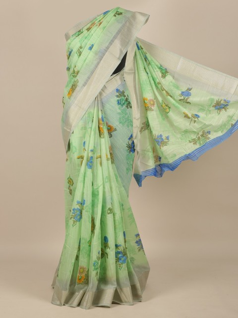 

Pothys Green & Silver-Toned Floral Saree