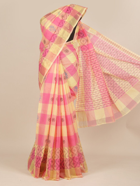 

Pothys Pink & Yellow Checked Pure Cotton Saree