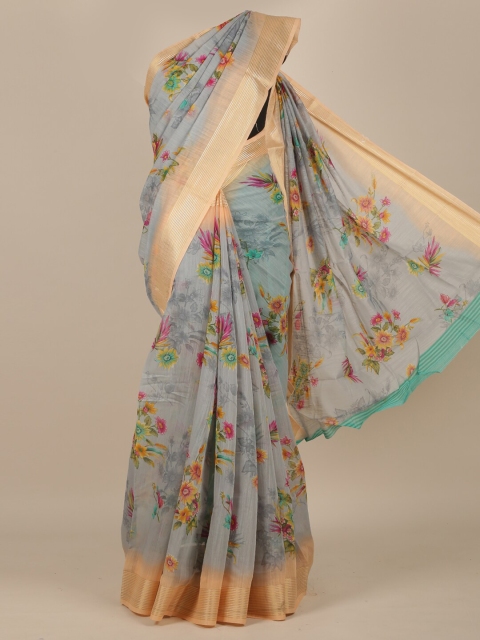 Pothys Grey & Green Floral Saree