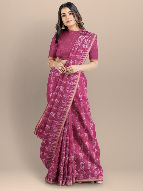 

BharatSthali Magenta & White Batik Zari Silk Cotton Block Print Saree