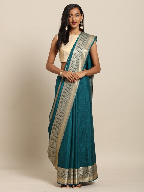 

Kvsfab Teal Blue & Golden Zari Silk Blend Saree
