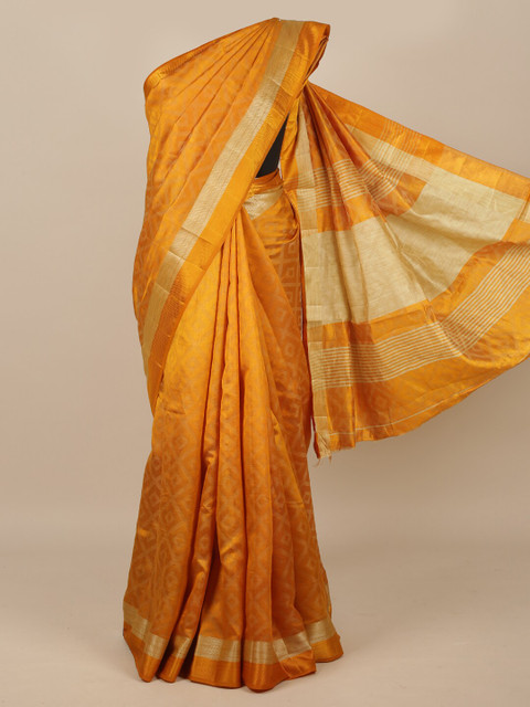 

Pothys Mustard Yellow & Gold-Toned Zari Jute Silk Saree