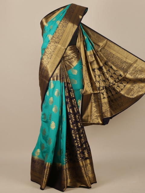 

Pothys Turquoise Blue & Gold-Toned Woven Design Zari Jute Silk Saree