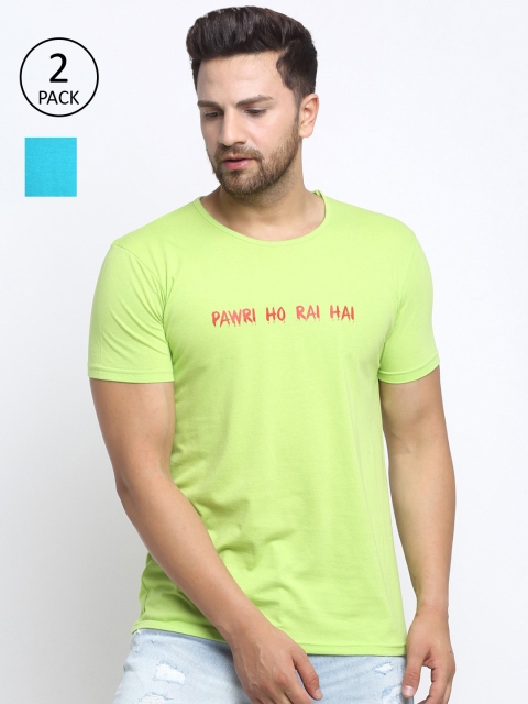 

VIMAL JONNEY Men Set of 2 Typography Applique T-shirt, Green