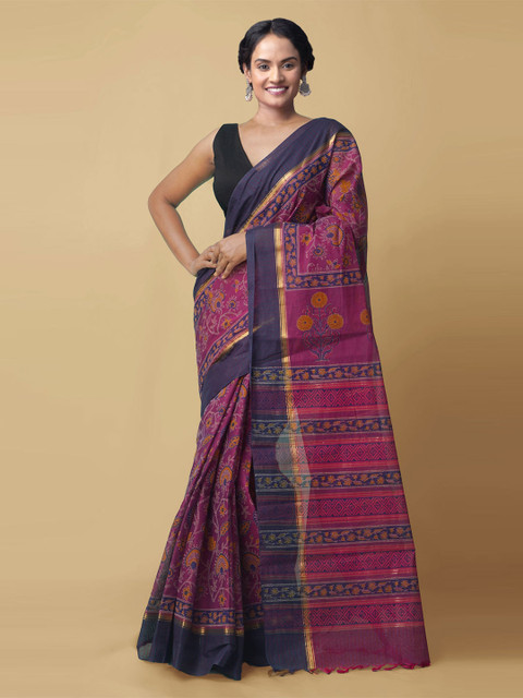 

Unnati Silks Purple & Blue Ethnic Motifs Zari Pure Cotton Mangalagiri Handloom Saree