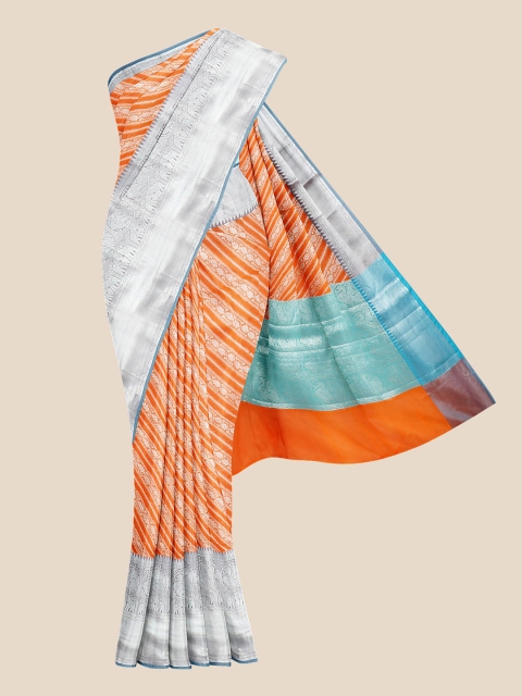 

KLM Fashion Mall Orange & Silver-Toned Striped Zari Chanderi Saree