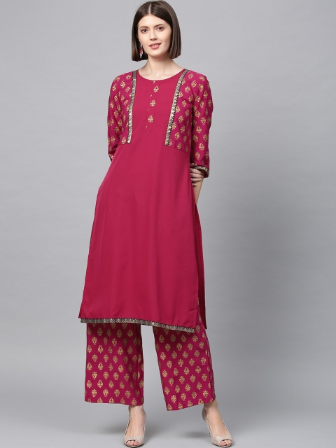 

ZIYAA Women Pink Ethnic Motifs Yoke Design Panelled Kurta with Palazzos