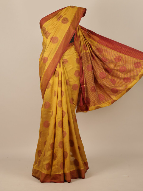 

Pothys Mustard Yellow & Orange Ethnic Motifs Jute Silk Saree