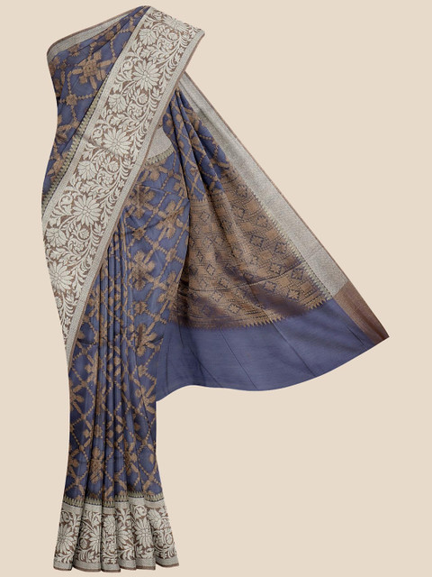 

Kalamandir Navy Blue & Brown Ethnic Motifs Banarasi Saree