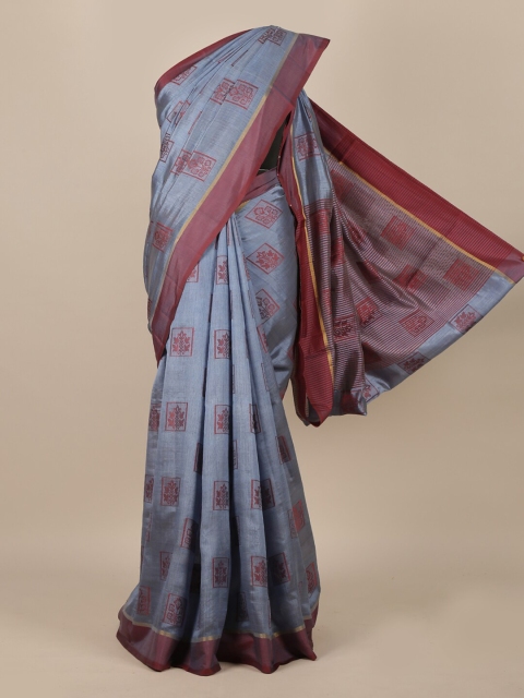 

Pothys Grey & Maroon Ethnic Motifs Jute Silk Saree