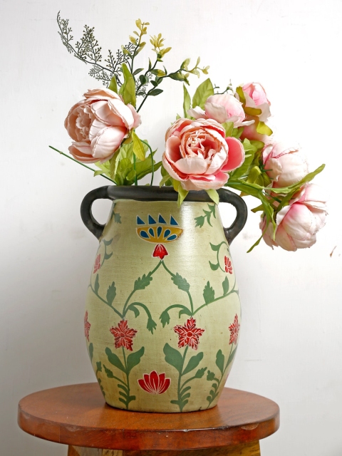 

Fabindia Green & Red Floral Hand Painted Terracotta Flower Vase