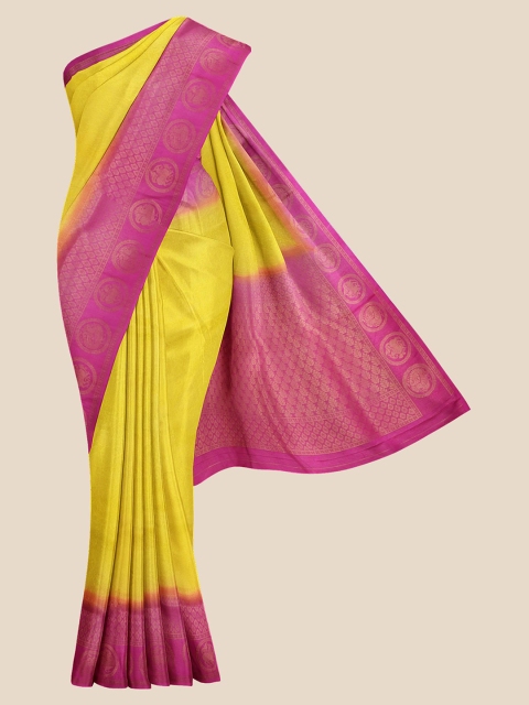 

KLM Fashion Mall Yellow & Pink Woven Design Silk Blend Banarasi Saree