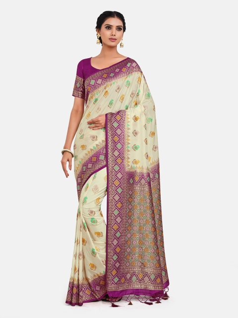 

MIMOSA White & Purple Woven Design Zari Art Silk Kanjeevaram Saree
