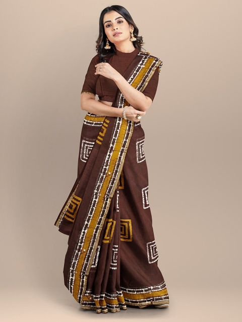 

BharatSthali Brown Batik Silk Cotton Chanderi Saree